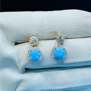 925 Sterling Silver Round Blue Fire Opal Stud Drop Earrings, Gold Over, 8mm